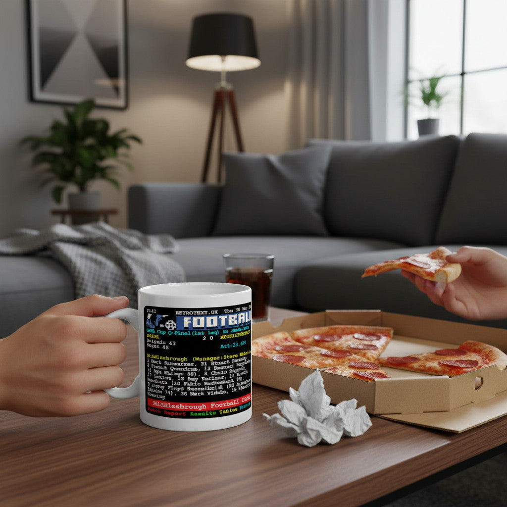 Retrotext Middlesbrough 2006 UEFA Cup Teletext mug held in a hand next to a pizza box on a living room table.