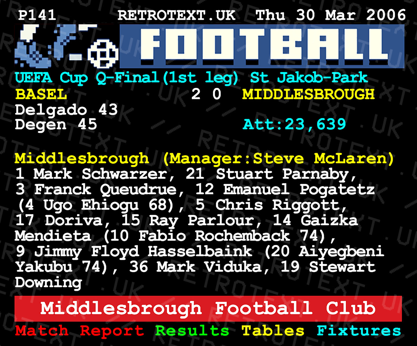 Retrotext Middlesbrough 2006 UEFA Cup quarter-final teletext design on a glossy white 11oz ceramic mug