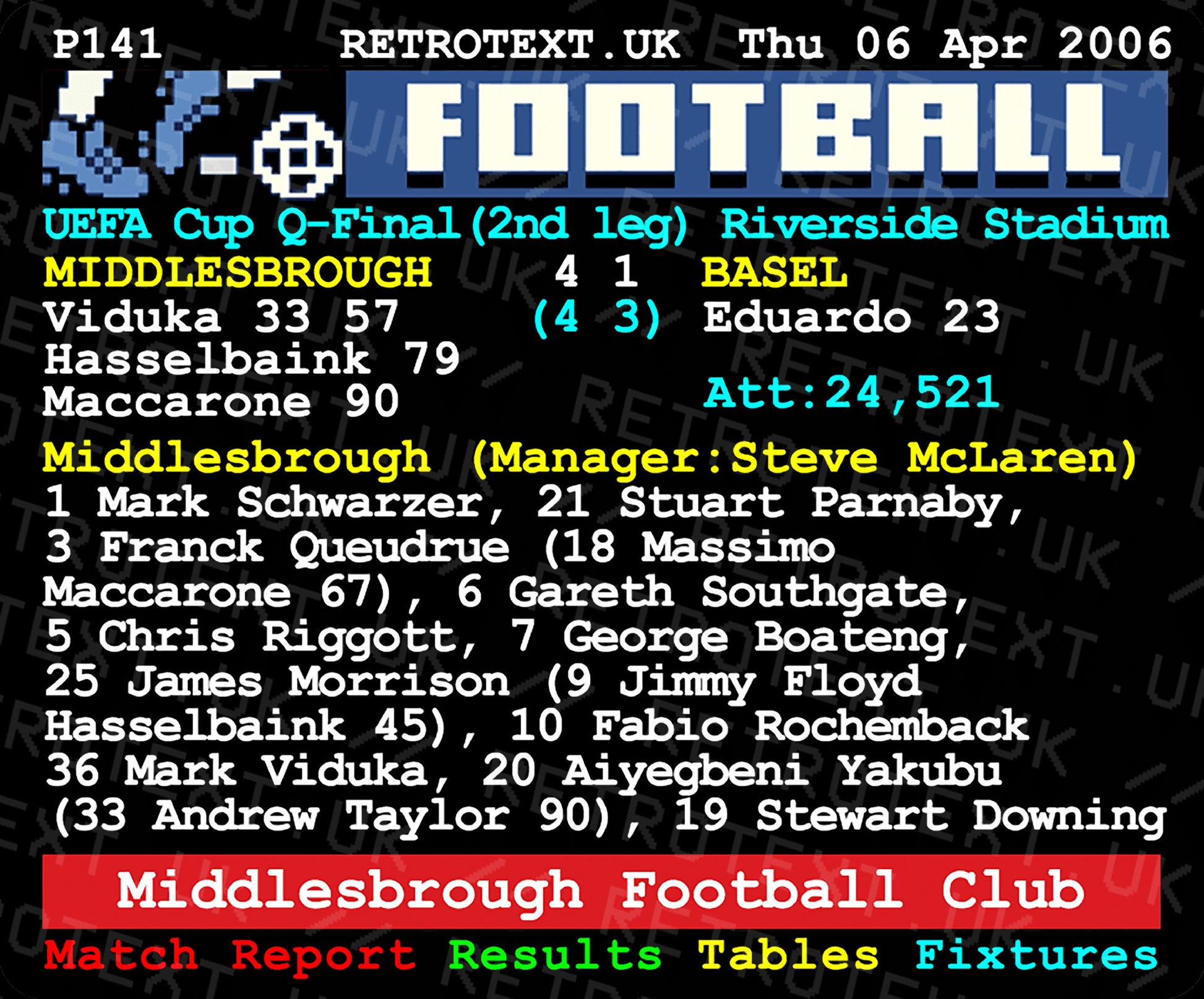 Retrotext Middlesbrough 2006 UEFA Cup quarter-final teletext design mug with match report details on a white ceramic