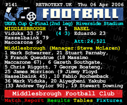 Retrotext Middlesbrough 2006 UEFA Cup quarter-final teletext design mug with match report details on a white ceramic