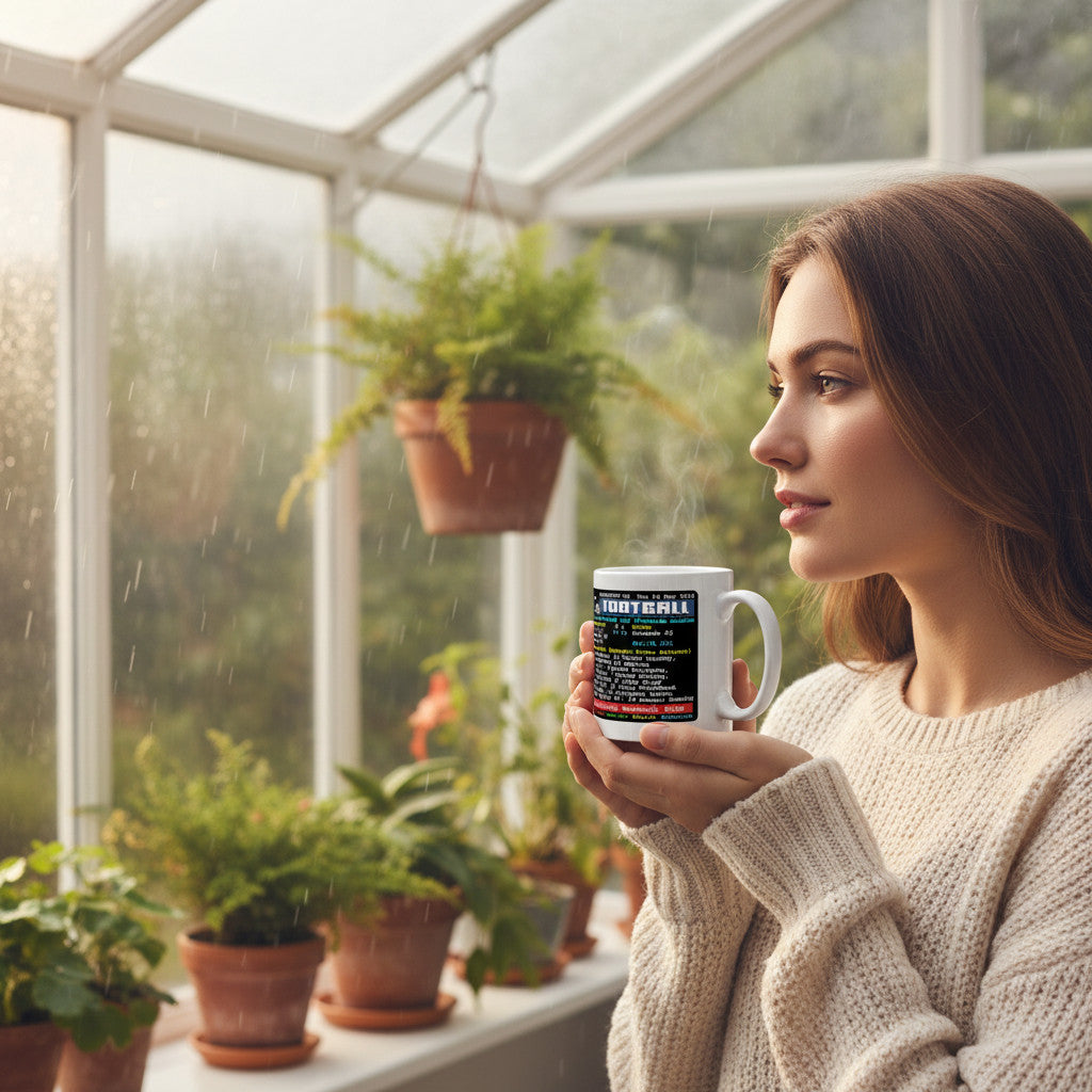 Retrotext Middlesbrough 2006 UEFA Cup Teletext mug held by a woman in a greenhouse during a rainy day