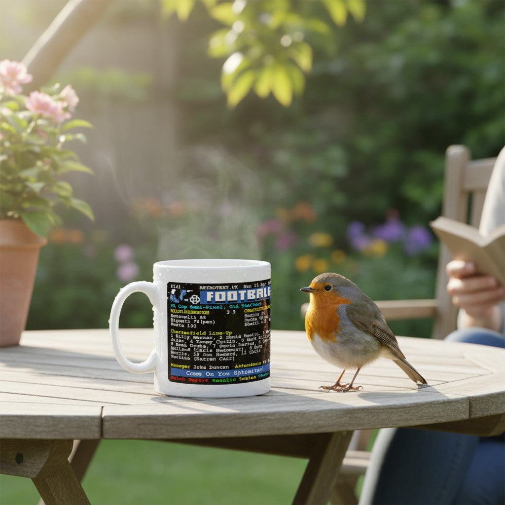 Retrotext 1997 FA Cup Middlesbrough v Chesterfield Teletext mug on a wooden garden table next to a robin bird