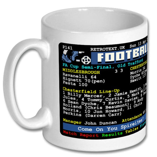 Retrotext 11oz glossy white ceramic mug featuring a 1997 FA Cup semi-final Middlesbrough vs Chesterfield teletext print