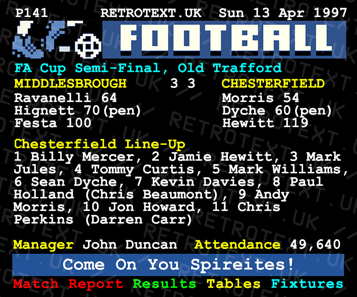 Retrotext 11oz glossy white mug featuring a 1997 FA Cup semi-final Middlesbrough vs Chesterfield Teletext match report