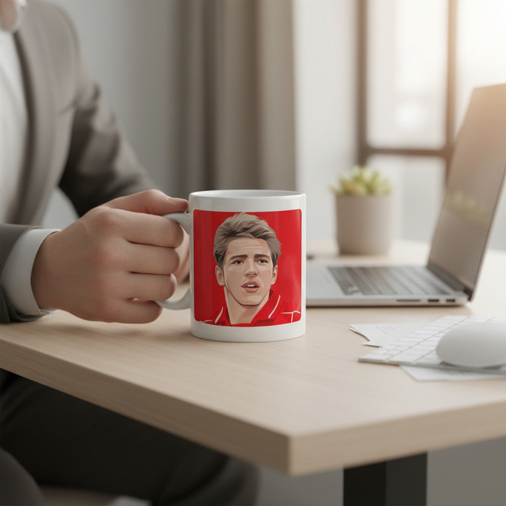 Retrotext Middlesbrough 2004 League Cup Winners Juninho mug featuring a red illustration on a glossy white ceramic cup