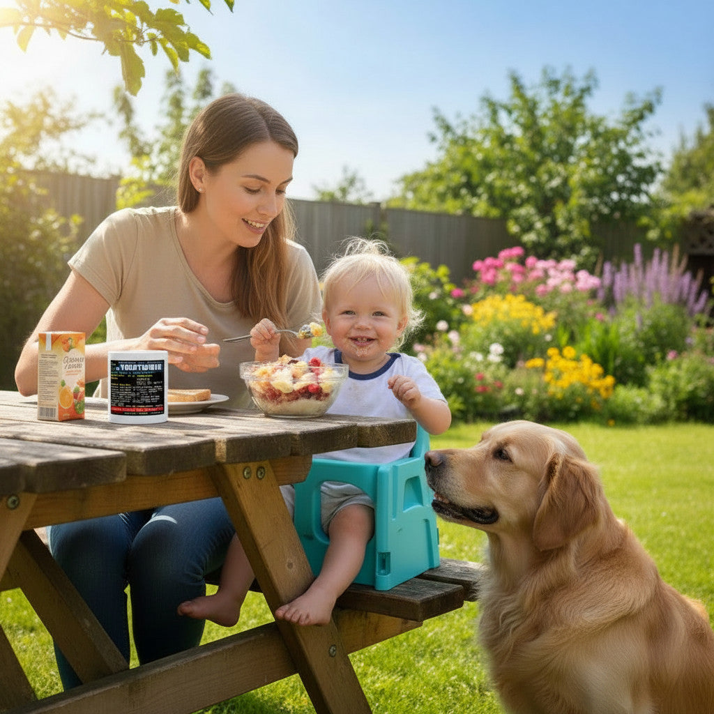 Retrotext ceramic mug featuring Mo Salah 5-0 match stats on a table with a mother, toddler, and golden retriever