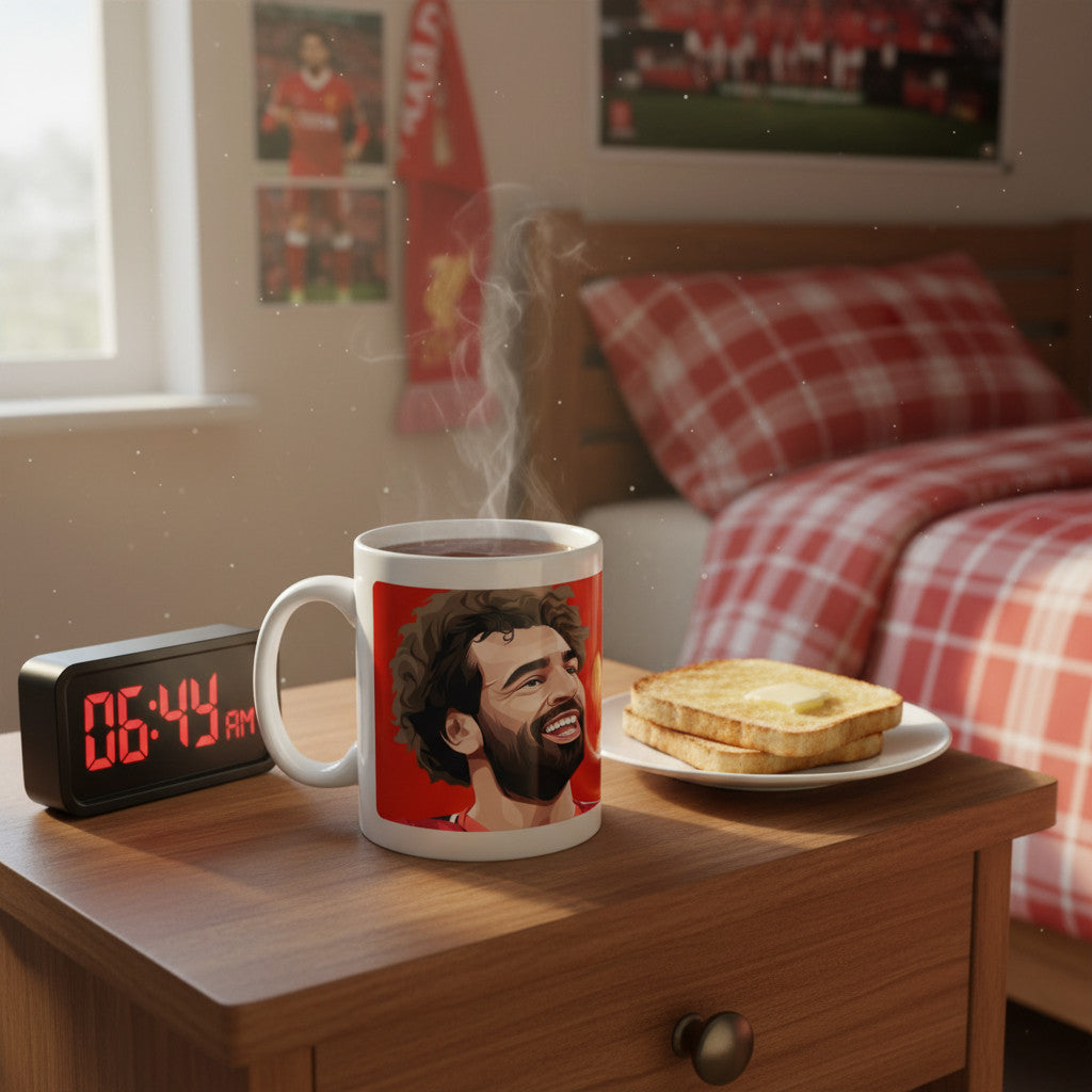 Retrotext ceramic mug featuring a Mohamed Salah illustration on a bedside table with toast and a digital alarm clock.