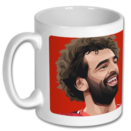 Retrotext ceramic mug featuring a vibrant illustration of Mohamed Salah on a red background