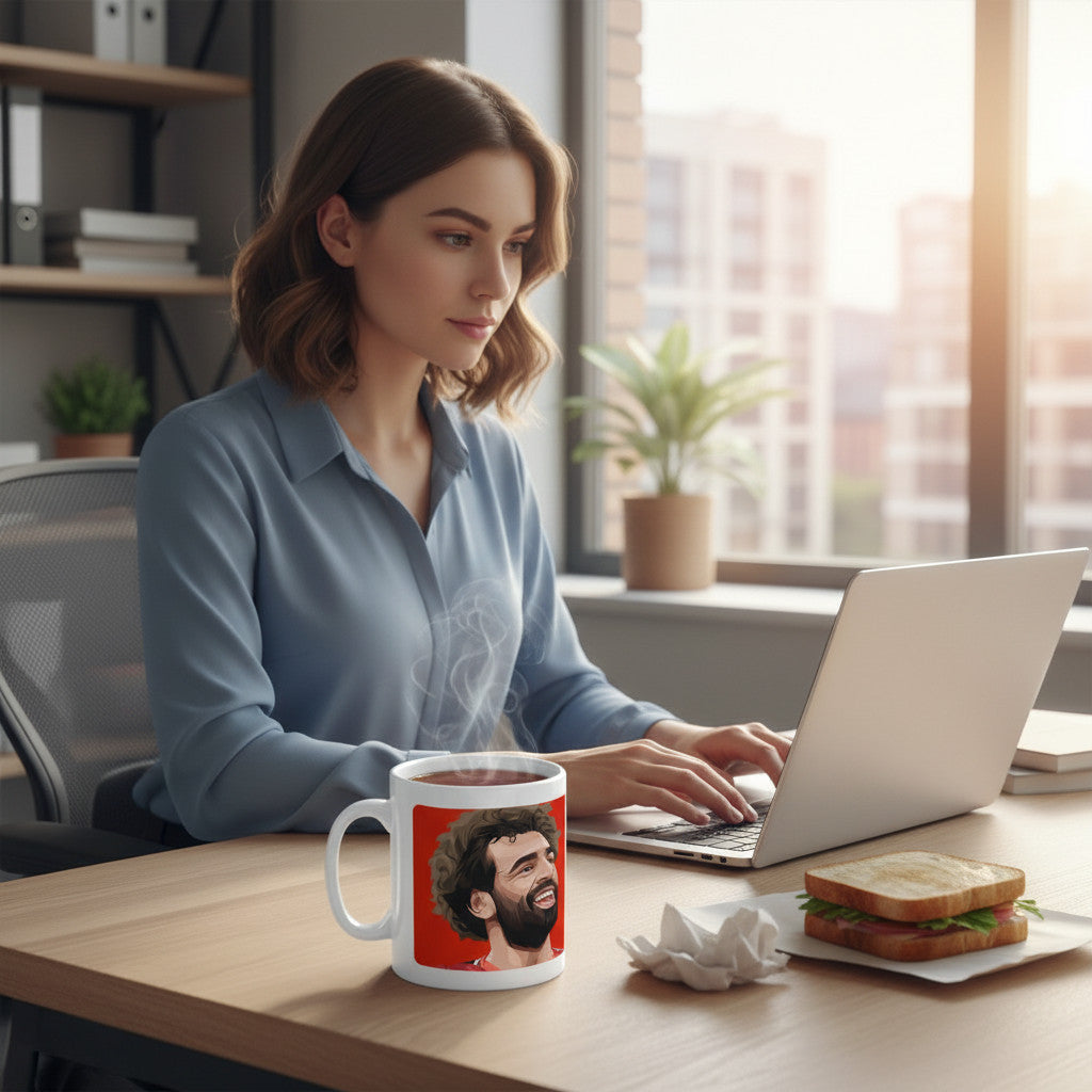 Retrotext ceramic mug featuring Mohamed Salah teletext graphic on a desk next to a woman working on a laptop