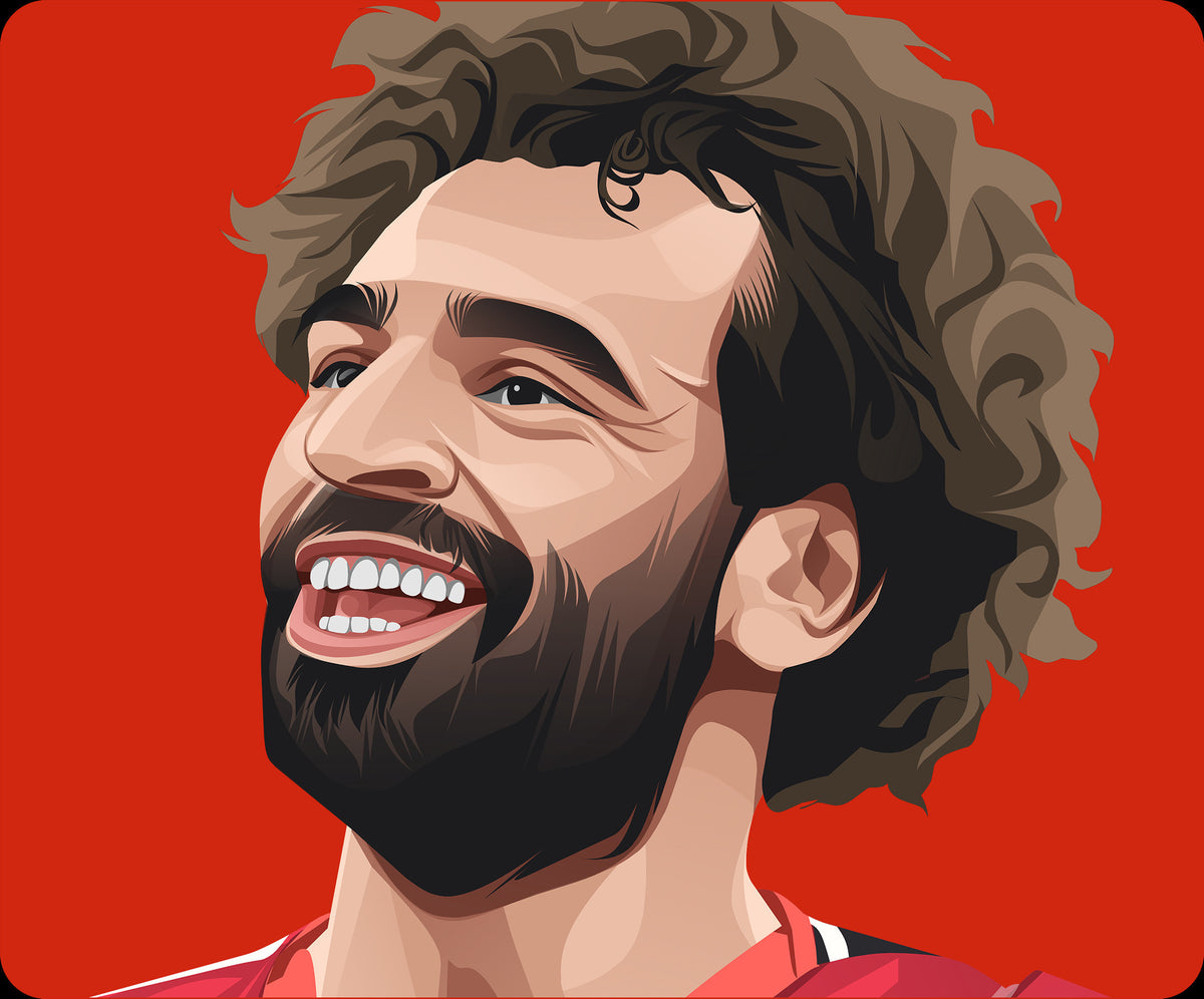 Retrotext ceramic mug featuring a vibrant illustration of Mohamed Salah celebrating the 5-0 Liverpool victory
