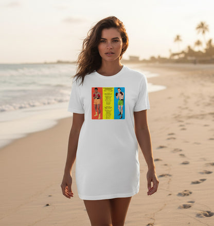 Retrotext white t-shirt featuring a vintage 1966 Muhammad Ali vs Henry Cooper boxing match graphic on a beach model
