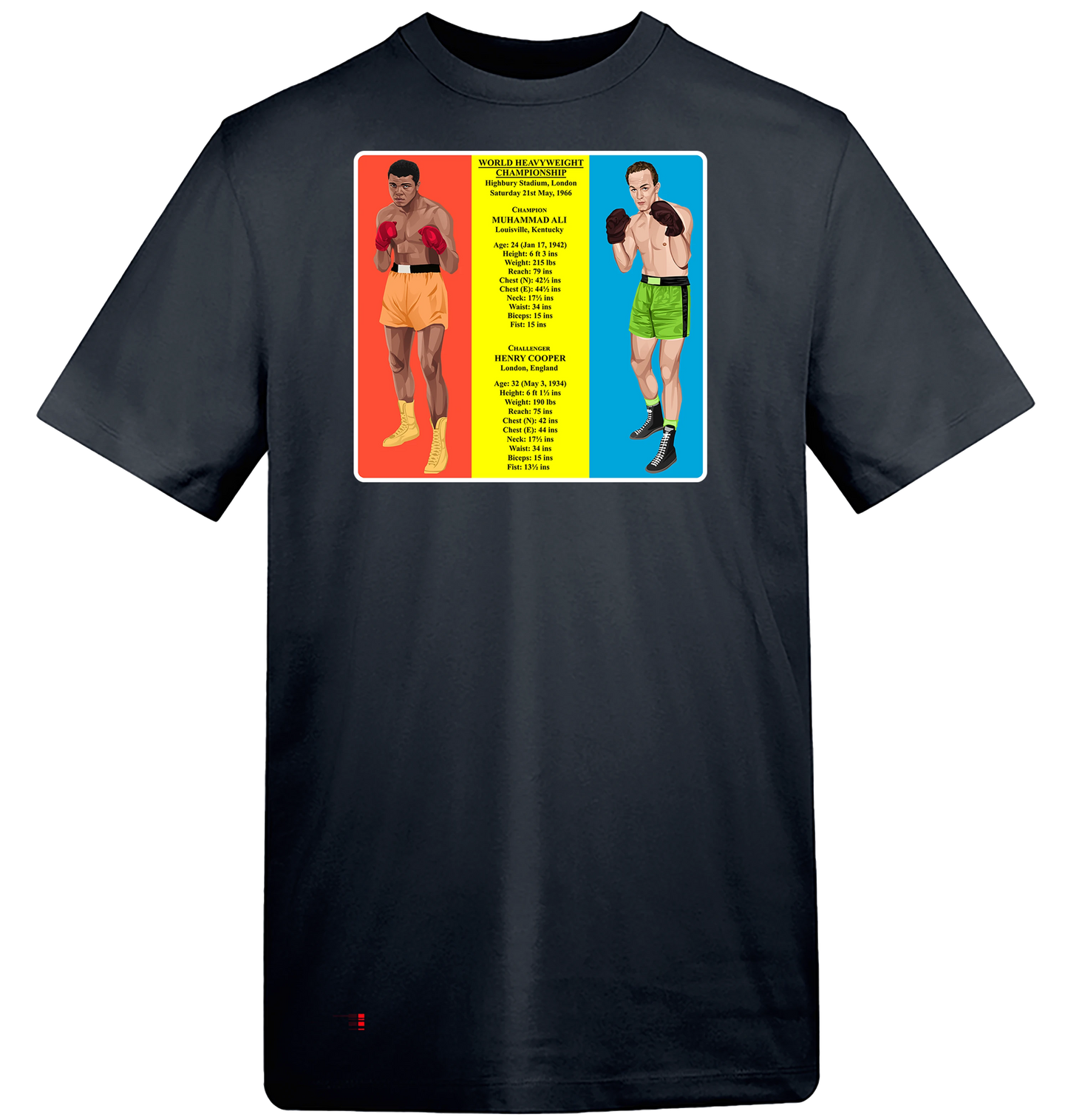 Retrotext black t-shirt featuring a vintage graphic of the 1966 Muhammad Ali vs Henry Cooper boxing match statistics.