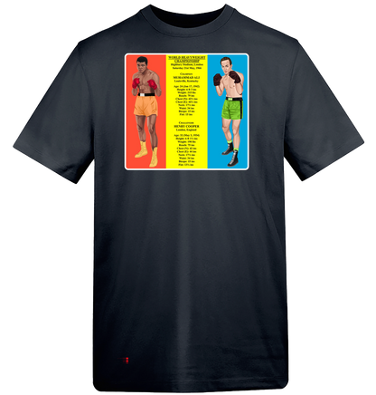 Retrotext black t-shirt featuring a vintage graphic of the 1966 Muhammad Ali vs Henry Cooper boxing match statistics.