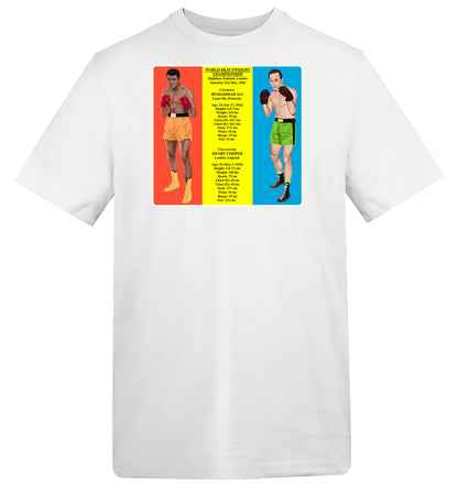 Retrotext white cotton t-shirt featuring a vintage 1966 Muhammad Ali vs Henry Cooper boxing match graphic print