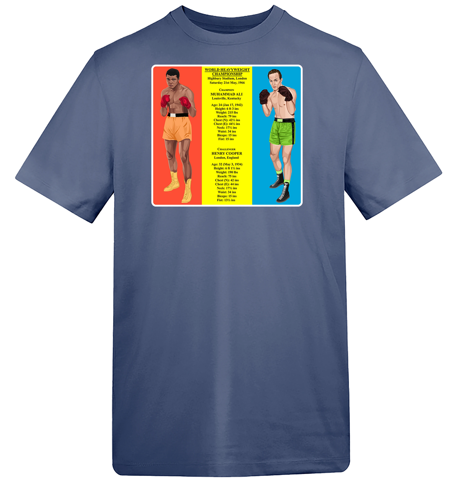 Retrotext blue cotton t-shirt featuring a 1966 Muhammad Ali vs Henry Cooper boxing match graphic print