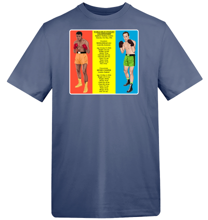 Retrotext blue cotton t-shirt featuring a 1966 Muhammad Ali vs Henry Cooper boxing match graphic print