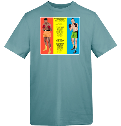 Retrotext blue cotton t-shirt featuring a 1966 Muhammad Ali vs Henry Cooper boxing match graphic print