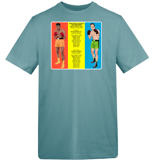Retrotext blue cotton t-shirt featuring a 1966 Muhammad Ali vs Henry Cooper boxing match graphic print