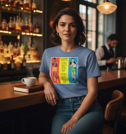 A woman wearing a Retrotext blue cotton t-shirt featuring a vintage 1966 Muhammad Ali vs Henry Cooper boxing graphic.