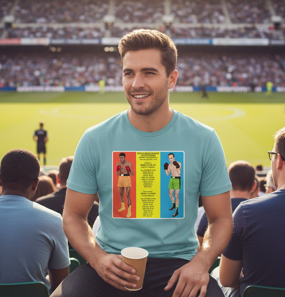 Retrotext light blue cotton t-shirt featuring a vintage 1966 Muhammad Ali vs Henry Cooper boxing match graphic print