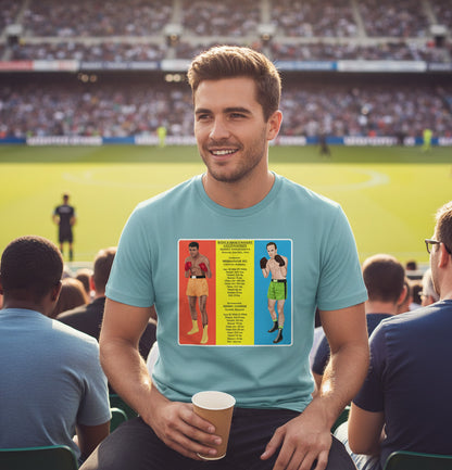 Retrotext light blue cotton t-shirt featuring a vintage 1966 Muhammad Ali vs Henry Cooper boxing match graphic print