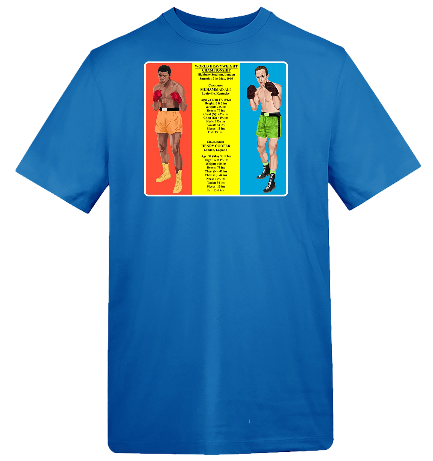 Retrotext blue cotton t-shirt featuring a 1966 Muhammad Ali vs Henry Cooper boxing match graphic with fighter stats.
