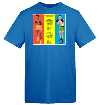 Retrotext blue cotton t-shirt featuring a 1966 Muhammad Ali vs Henry Cooper boxing match graphic with fighter stats.
