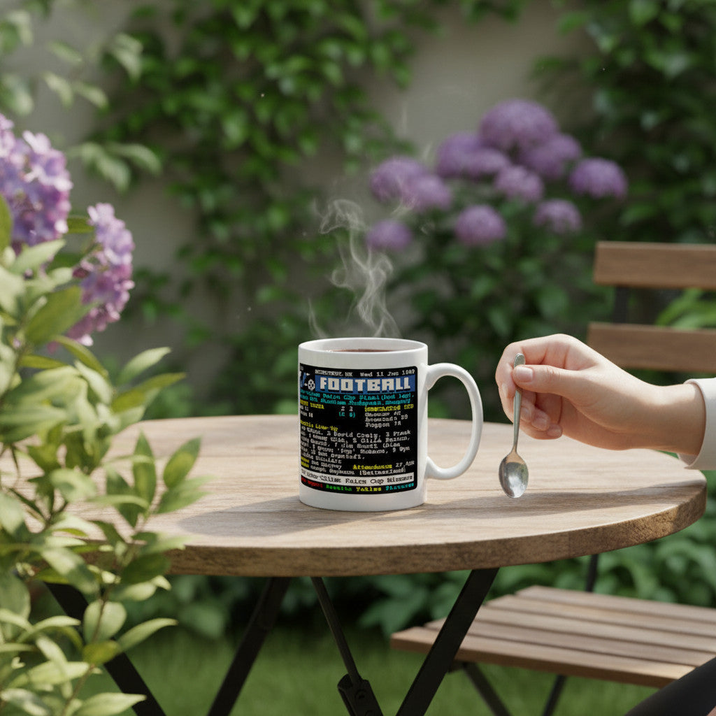Retrotext Newcastle United 1969 Fairs Cup winners teletext design on a glossy white 11oz ceramic mug on a garden table