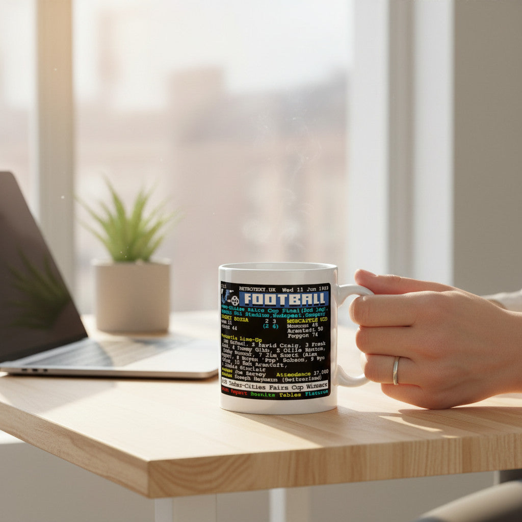 Retrotext Newcastle United 1969 Inter-Cities Fairs Cup Bobby Moncur commemorative glossy white 11oz ceramic mug
