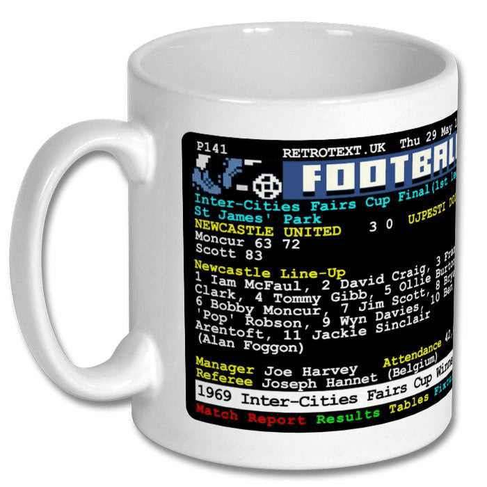 Retrotext Newcastle United 1969 Inter-Cities Fairs Cup Winners white ceramic mug with teletext match report design