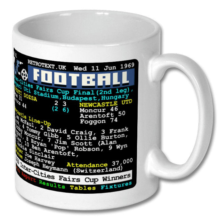 Retrotext Newcastle United 1969 Inter-Cities Fairs Cup Winners teletext design on a glossy white 11oz ceramic mug.