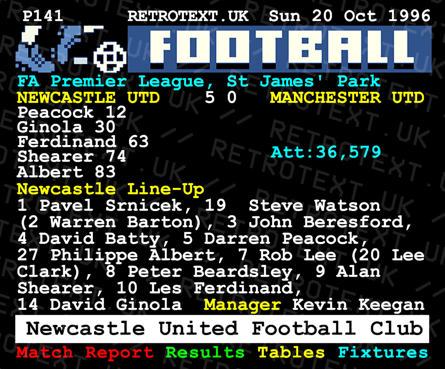 Retrotext Newcastle United 1996 teletext style ceramic mug featuring the 5-0 match report against Manchester United