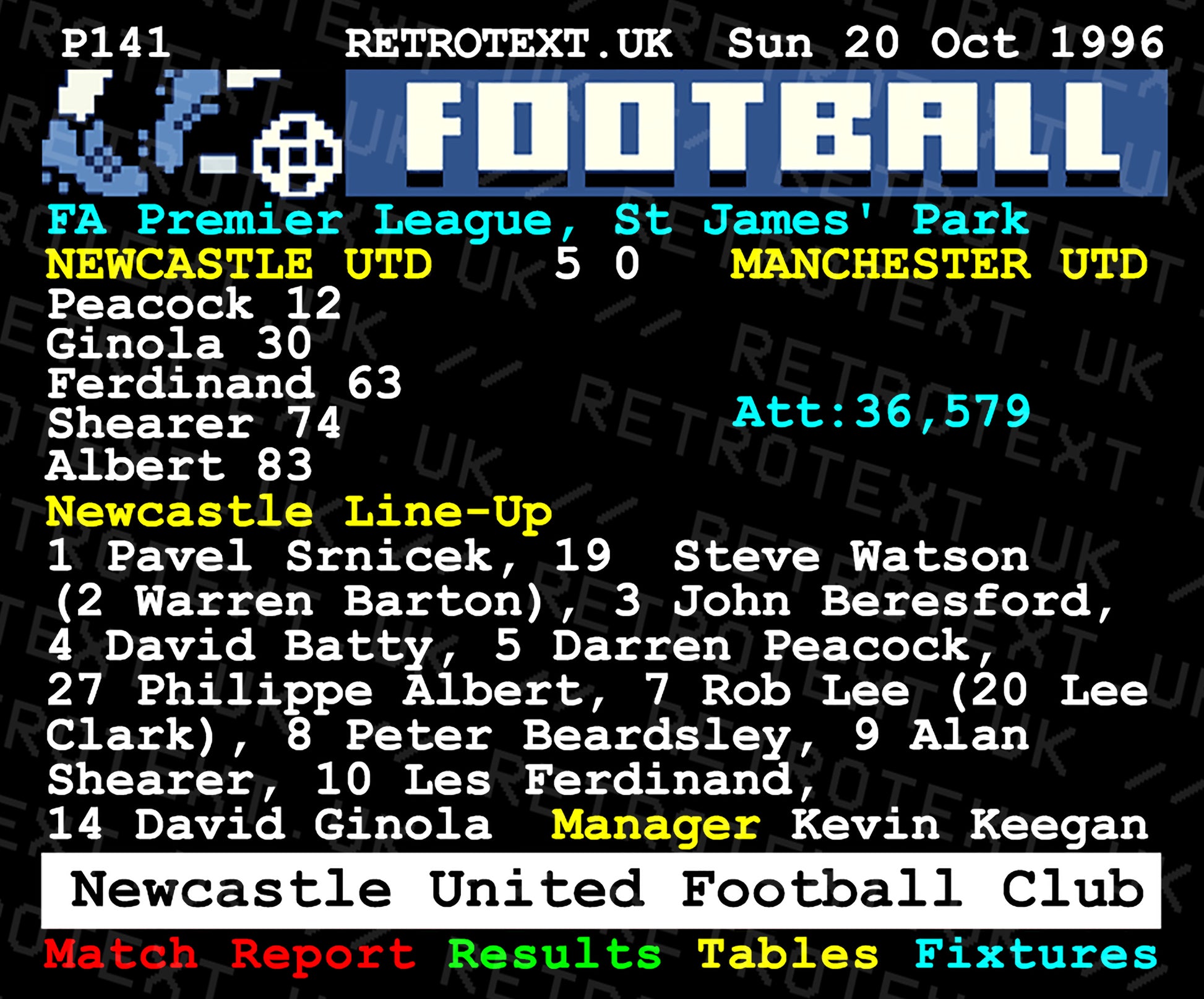 Retrotext Newcastle United 1996 teletext style ceramic mug featuring the 5-0 match report against Manchester United
