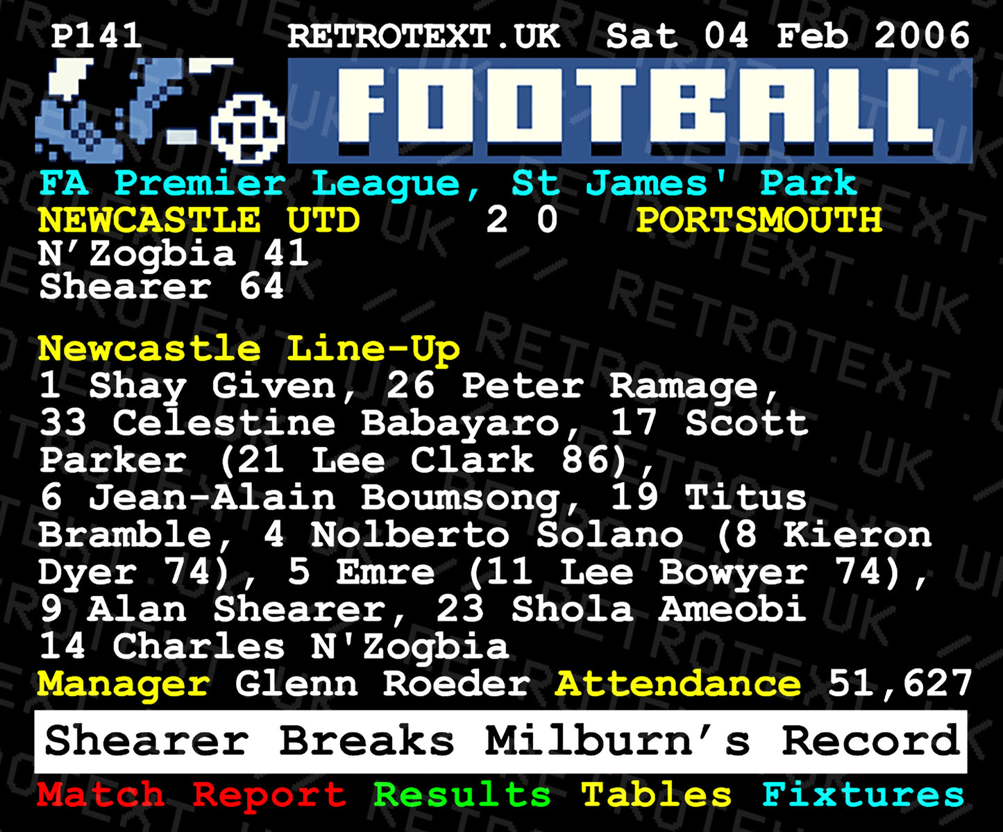 Retrotext Newcastle United 2006 Alan Shearer record-breaking teletext ceramic mug with match details and line-up