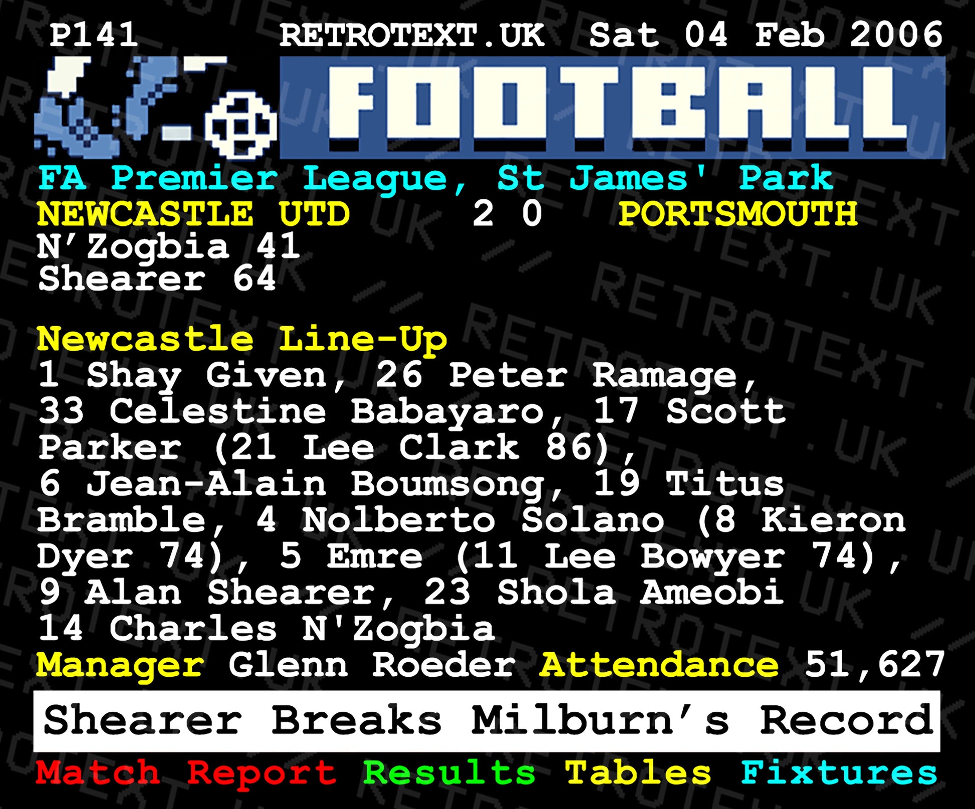Retrotext Newcastle United 2006 Alan Shearer record-breaking teletext ceramic mug with match details and line-up