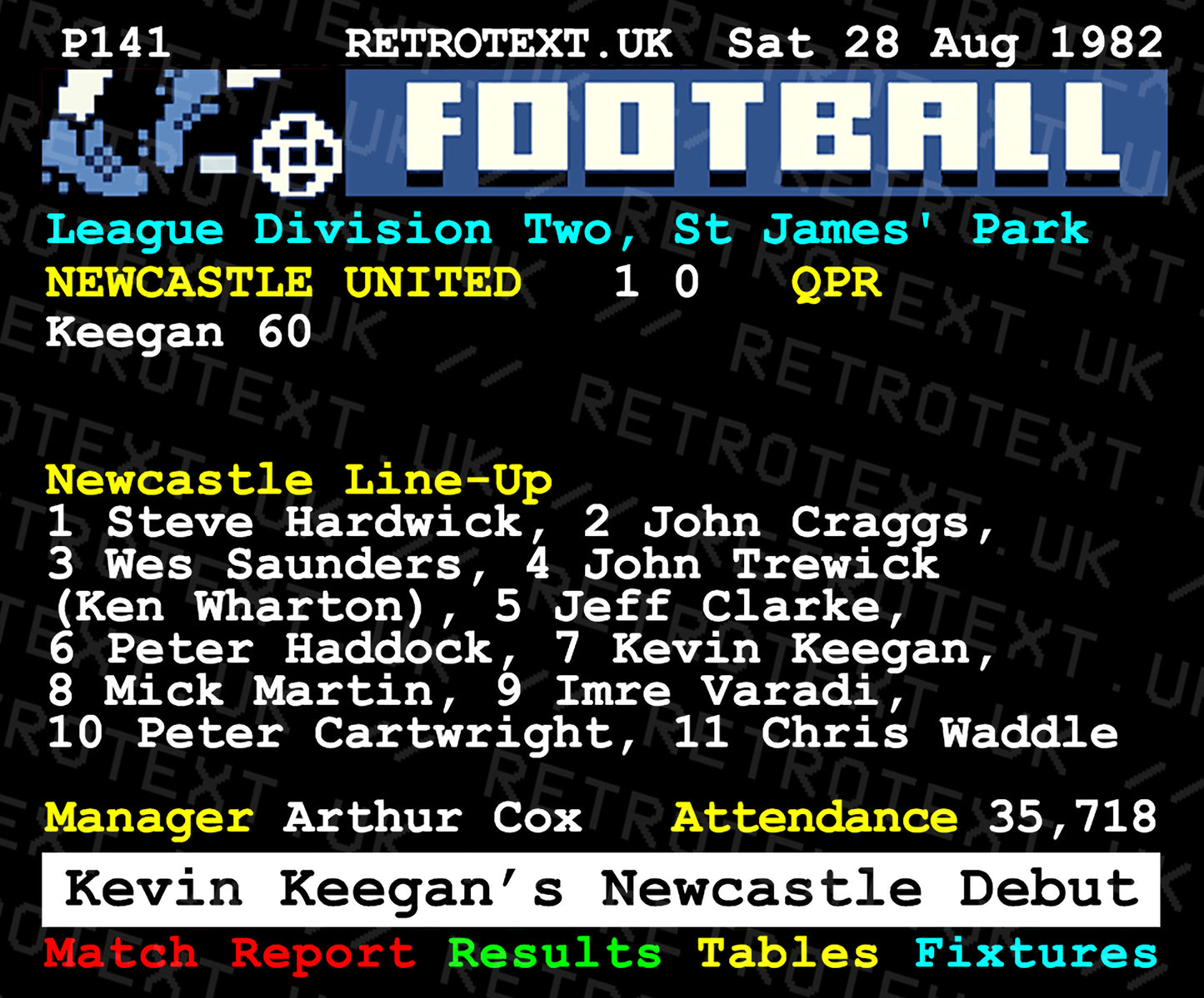 Retrotext 11oz glossy white mug featuring a 1982 Newcastle United vs QPR Teletext match report for Kevin Keegan's debut