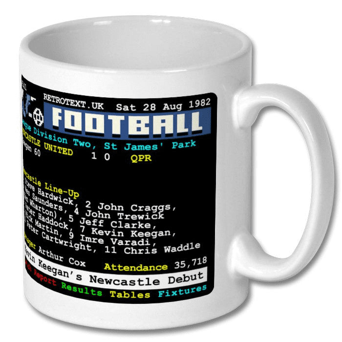 Retrotext Newcastle United 1982 Kevin Keegan debut teletext design on a glossy white 11oz ceramic coffee mug