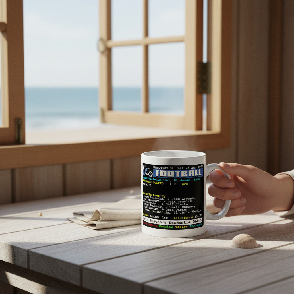 Retrotext Newcastle United 1982 Kevin Keegan debut teletext mug held on a wooden table by a window overlooking the sea