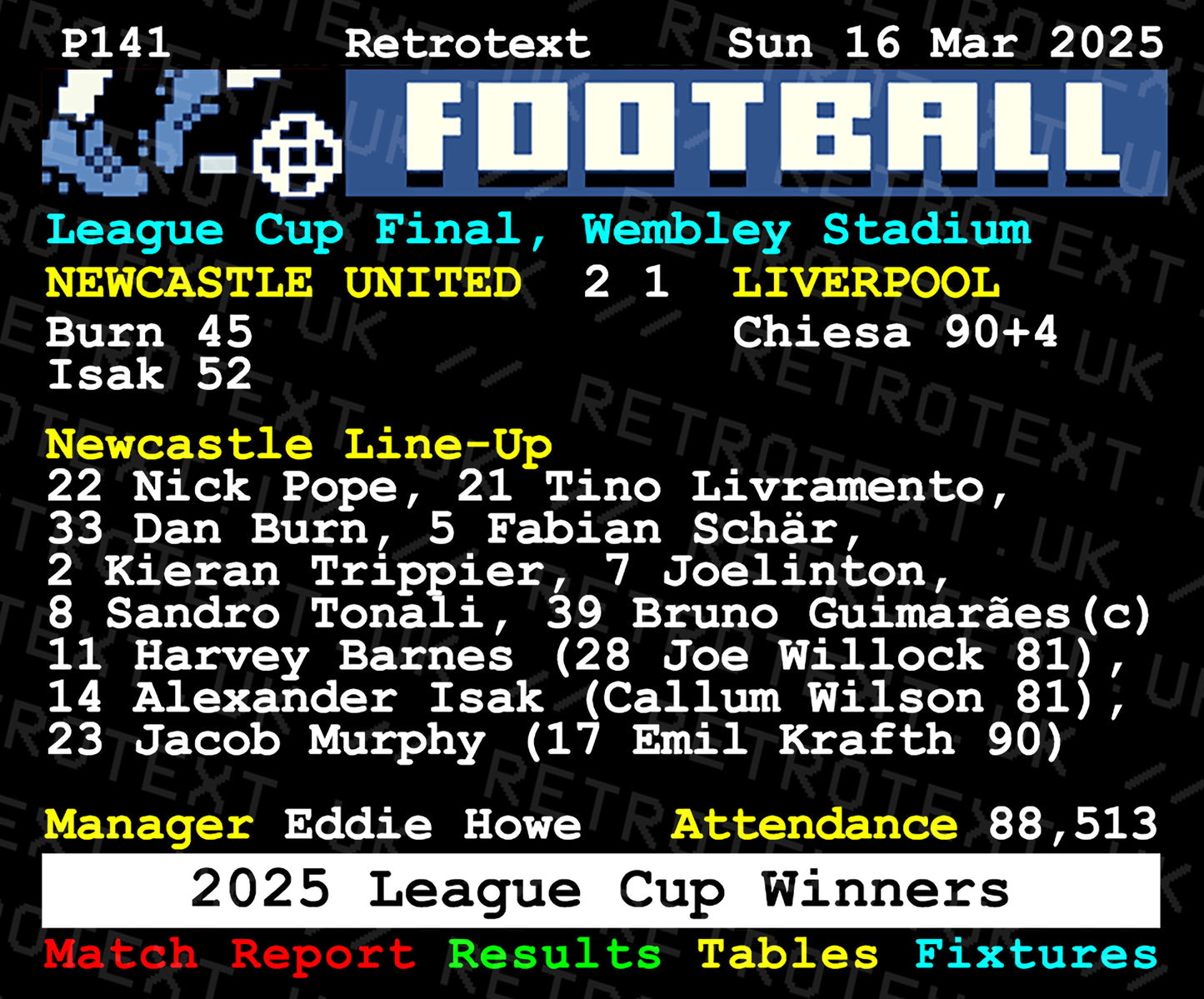 Retrotext Newcastle United 2025 League Cup Winners mug featuring match details, lineup, and Wembley victory score.