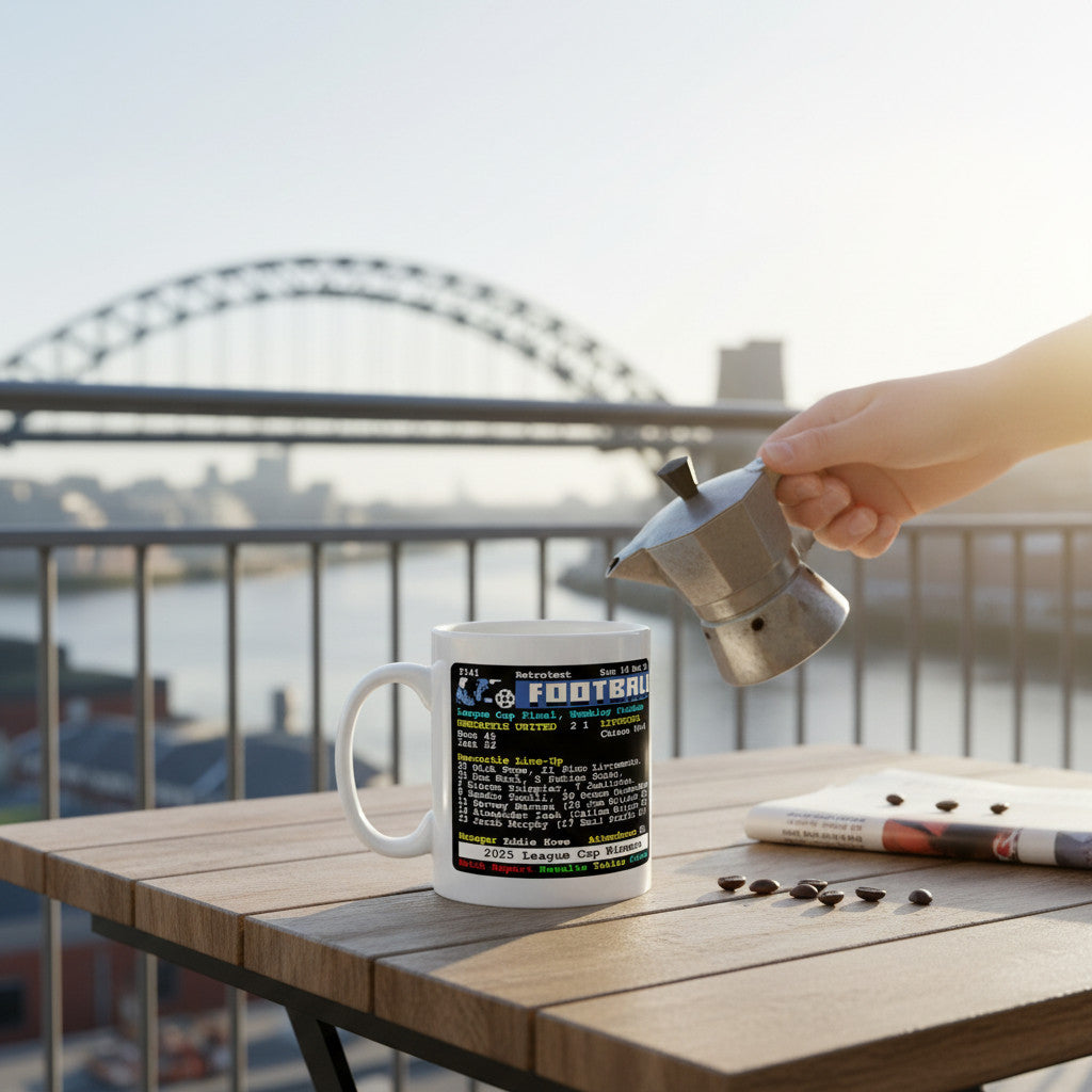 Retrotext Newcastle United 2025 League Cup winners ceramic mug featuring match details on a balcony table
