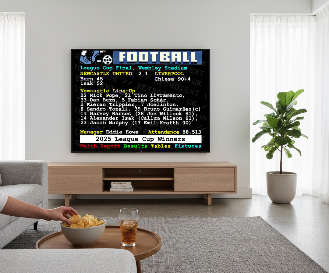 Retrotext Newcastle United 2025 League Cup Winners mug featuring match stats and Dan Burn on a living room TV screen