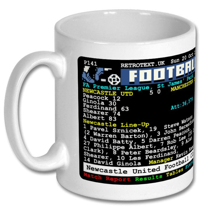 Retrotext Newcastle United 1996 vs Manchester United teletext ceramic mug featuring match stats and starting line-up