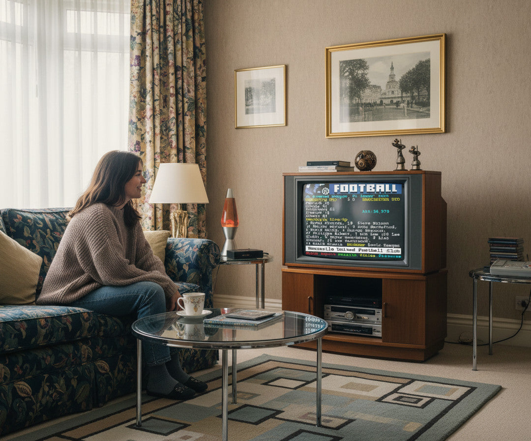 Retrotext Newcastle United 1996 teletext mug featuring Alan Shearer, displayed in a cozy retro-style living room.