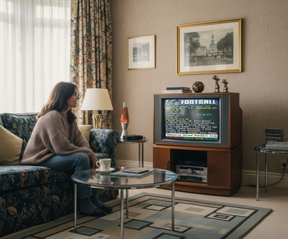 Retrotext Newcastle United 1996 teletext mug featuring Alan Shearer, displayed in a cozy retro-style living room.