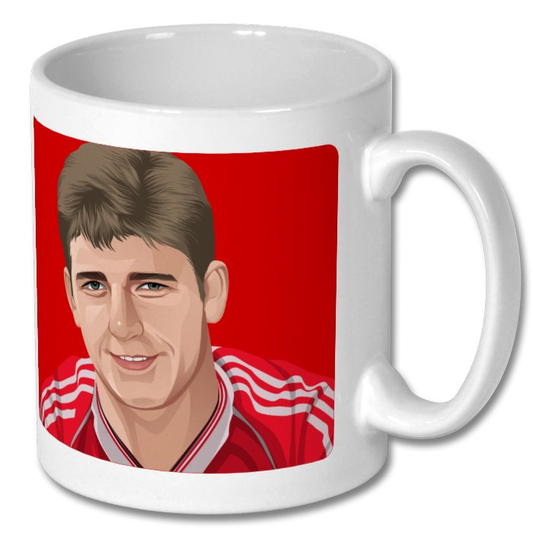 Retrotext 11oz glossy white mug featuring a graphic illustration of Manchester United player Norman Whiteside