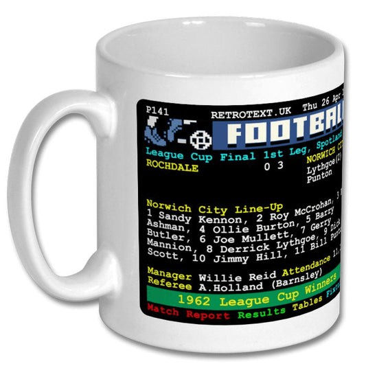 Retrotext Norwich City 1962 League Cup Winners ceramic mug featuring a retro teletext football match report design.
