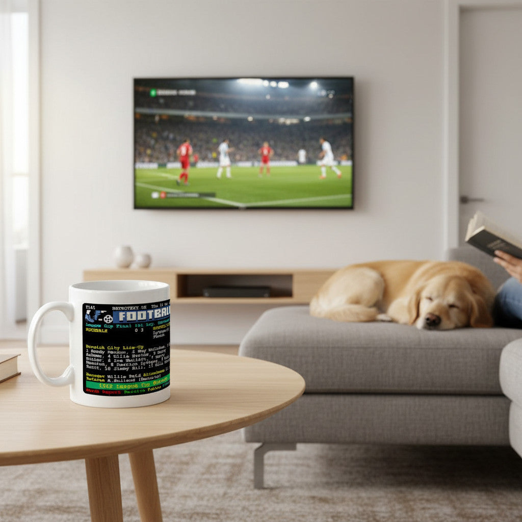 Retrotext Norwich City 1962 League Cup Winners ceramic mug with teletext graphic on a wooden table in a cozy living room