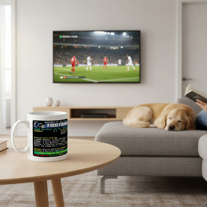 Retrotext Norwich City 1962 League Cup Winners ceramic mug with teletext graphic on a wooden table in a cozy living room