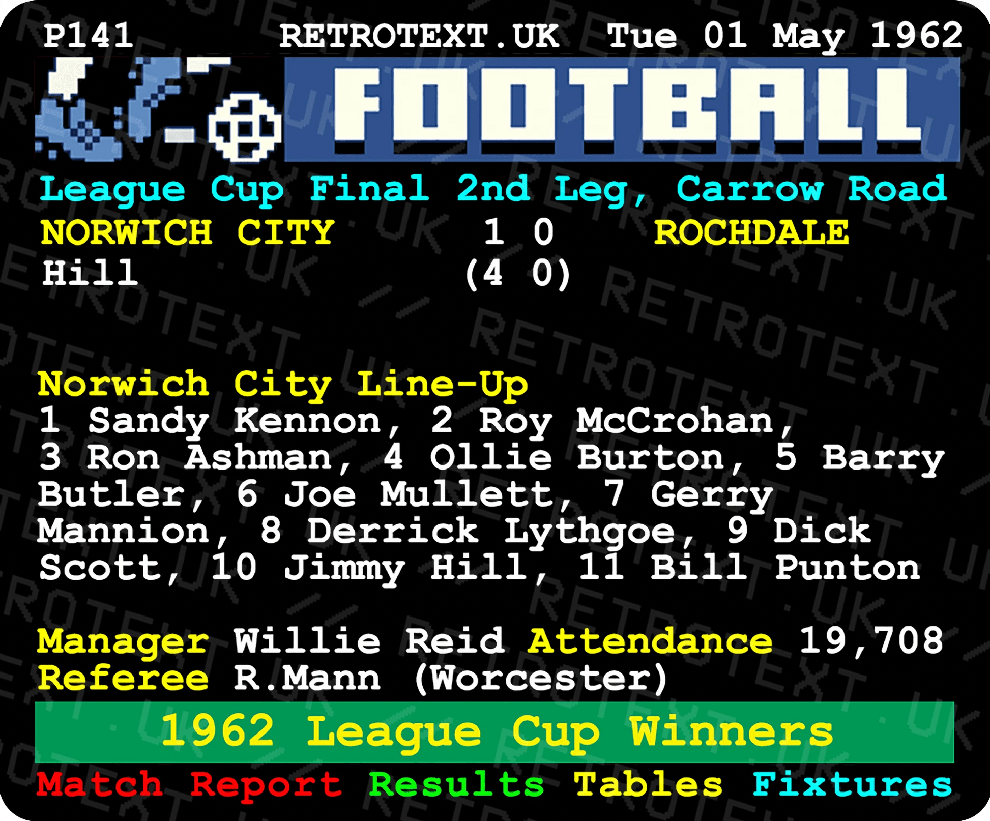 Retrotext Norwich City 1962 League Cup Winners ceramic mug featuring a retro teletext match report design