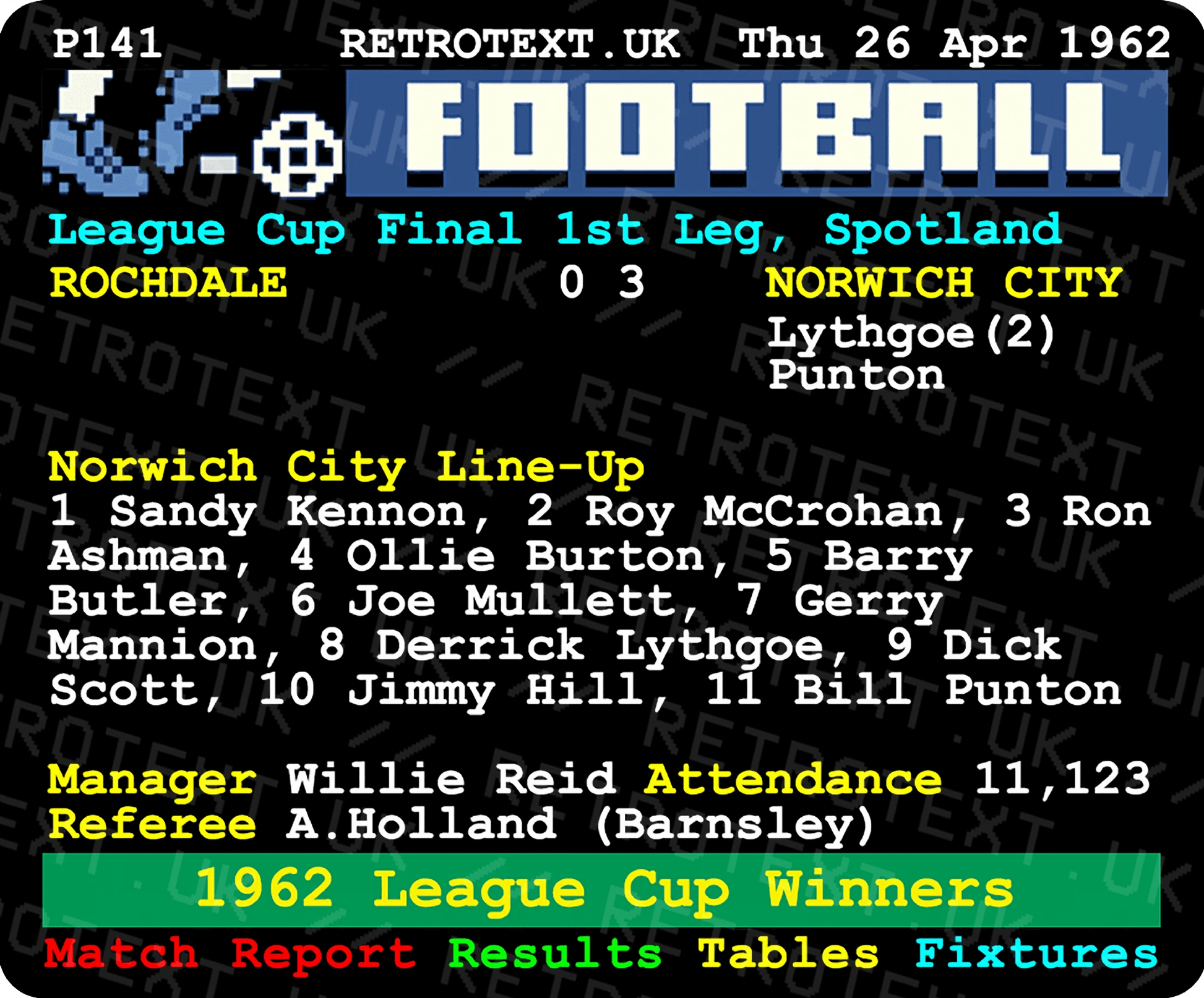 Retrotext Norwich City 1962 League Cup Winners ceramic mug featuring a nostalgic teletext football match report design